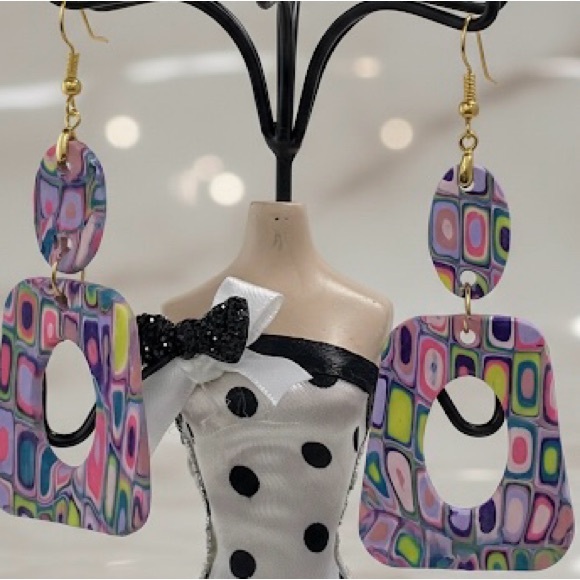 Handmade Geometric Dangle Earrings –Bold, Artsy, Handmade Polymer Clay Host Pick - Picture 15 of 15